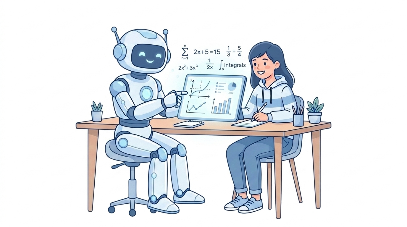 AI robot tutor helping a student learn at a desk with charts and equations